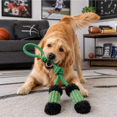 Golden retriever playing with green knotted rope plush tug toy indoors