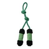 Green knotted rope dog plush toy with squeaker for chewing and tug play
