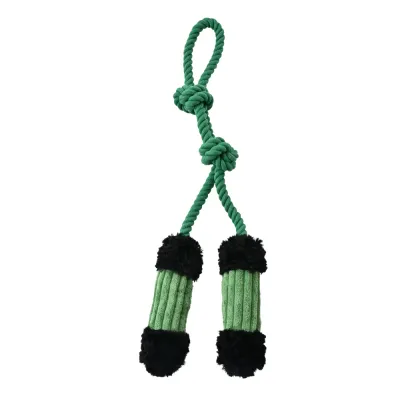 Green knotted rope dog plush toy with squeaker for chewing and tug play