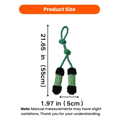 Dog rope plush toy size measurement showing 21.65 inch length and 1.97 inch width