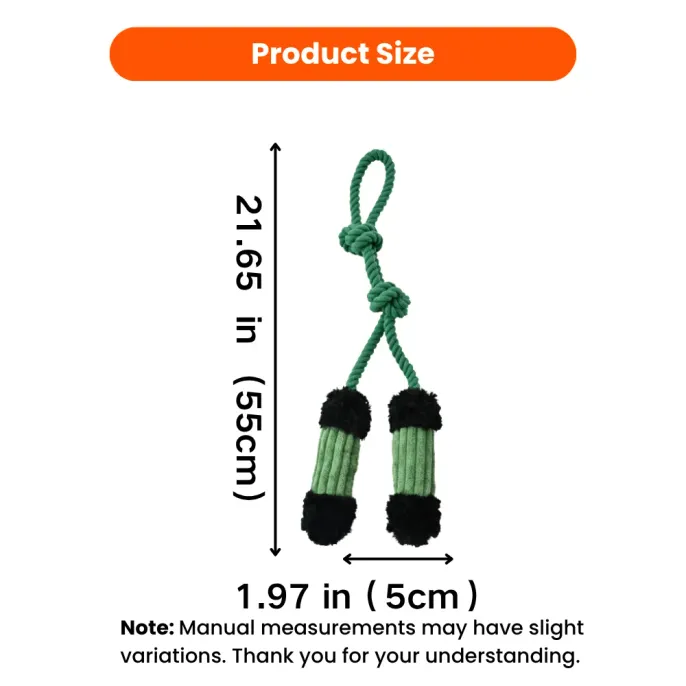 Dog rope plush toy size measurement showing 21.65 inch length and 1.97 inch width