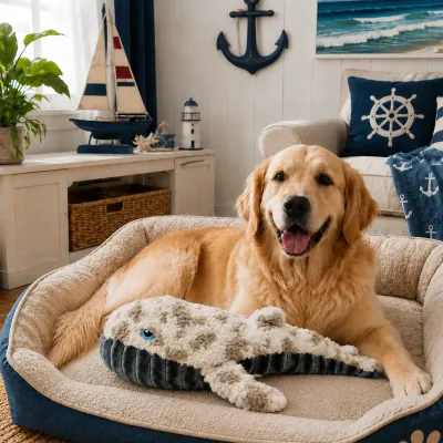 Golden Retriever with Plush Crocodile Squeaky Dog Toy Golden retriever holding a plush crocodile squeaky dog toy with soft fabric texture for indoor play