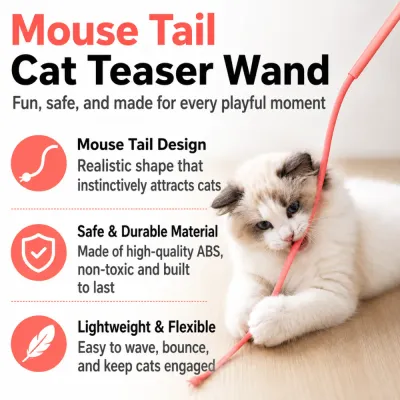 Interactive mouse tail cat toy wand with realistic design and durable ABS material
