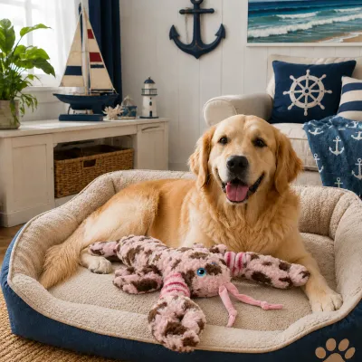Golden Retriever with Soft Octopus Plush Dog Toy Golden retriever playing with a colorful plush octopus dog toy designed for chewing and interactive games