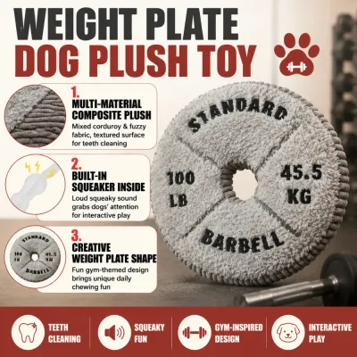 Weight plate dog plush toy with multi material plush fabric and built in squeaker for interactive chewing play