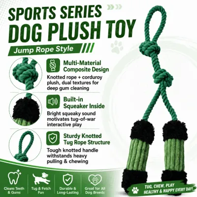 Sports series dog plush toy jump rope style with knotted rope and squeaker for interactive chewing play