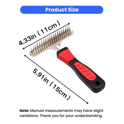 Double sided dog grooming rake comb with 15cm handle and 11cm teeth width size measurement