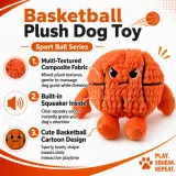 Basketball plush dog toy with built-in squeaker and multi-textured fabric for interactive chewing and play
