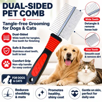 dual sided dog comb with wide teeth and fine teeth for grooming