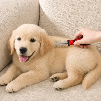 dog being brushed with stainless steel pet grooming comb