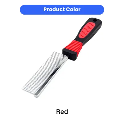 Red pet grooming comb with long stainless steel teeth and non-slip handle