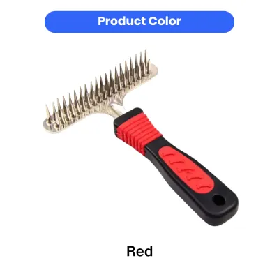 Red handle double sided dog grooming rake comb with metal teeth for pet hair removal