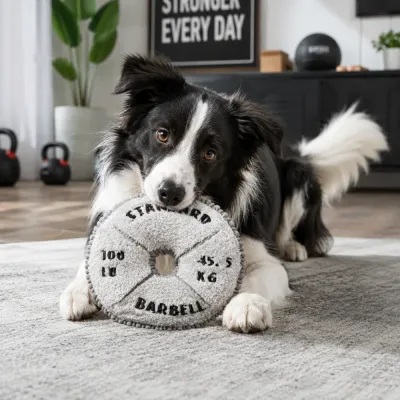 Dog playing with weight plate plush squeaky toy indoors for interactive chewing fun
