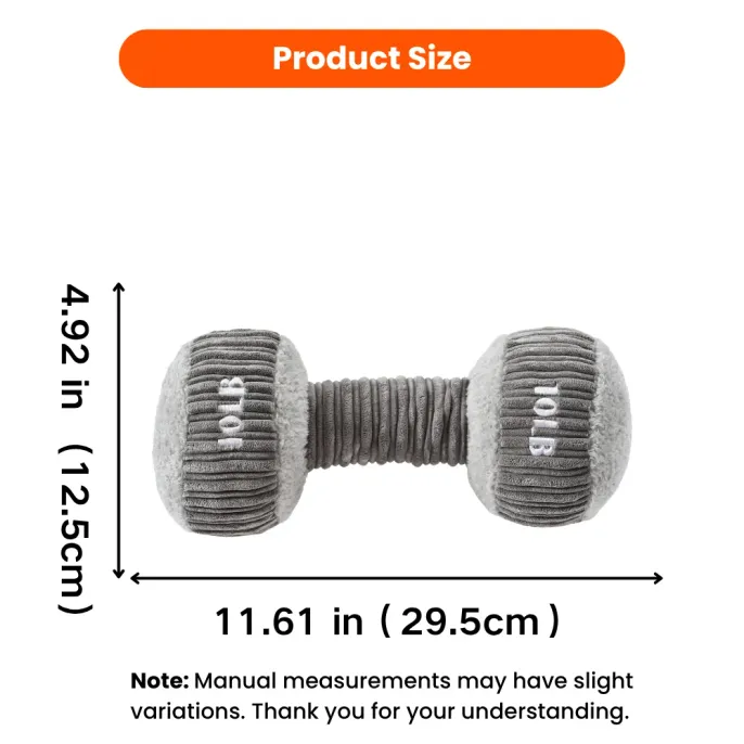 Dog plush dumbbell toy size information showing 29.5cm length and 12.5cm height