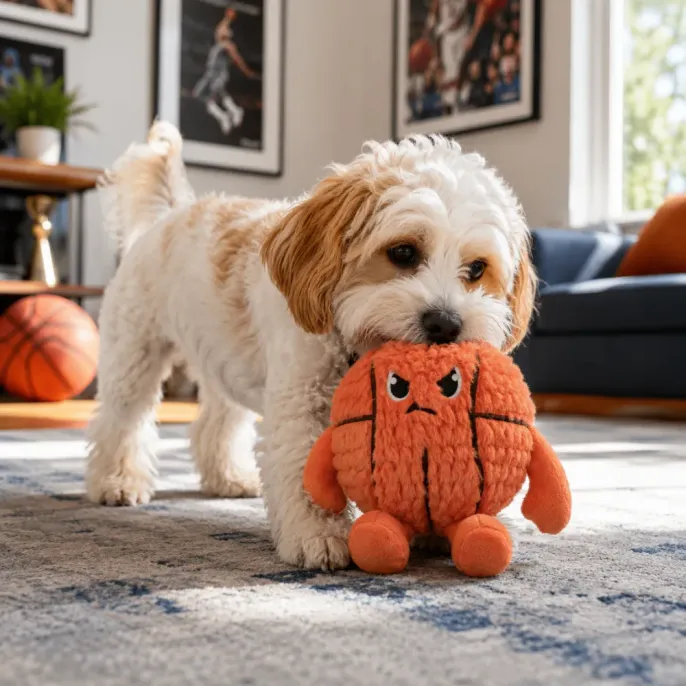 Small dog playing with basketball plush toy indoors during interactive playtime