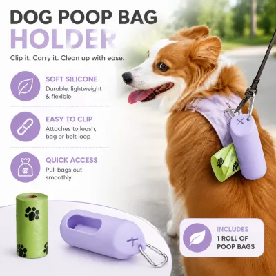 Dog Poop Bag Holder for Outdoor Walking Dog poop bag holder clipped to leash with included roll of poop bags