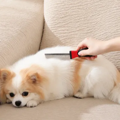 Person using long tooth comb to groom a fluffy dog coat