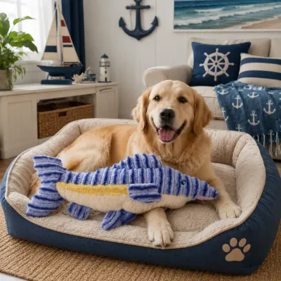 Golden Retriever Playing with Plush Fish Dog Toy Golden retriever playing with a blue plush fish dog toy featuring a soft texture for chewing and fetching