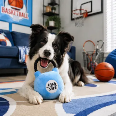 Kettlebell Plush Dog Toy for Interactive Play Border Collie playing with a blue kettlebell plush dog toy with rope handle indoors