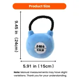 Kettlebell shaped plush dog toy size measurement showing 15cm width and 24cm height