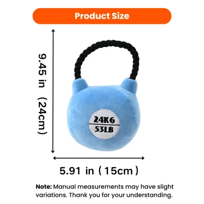 Kettlebell Dog Toy Size 15cm x 24cm Kettlebell shaped plush dog toy size measurement showing 15cm width and 24cm height