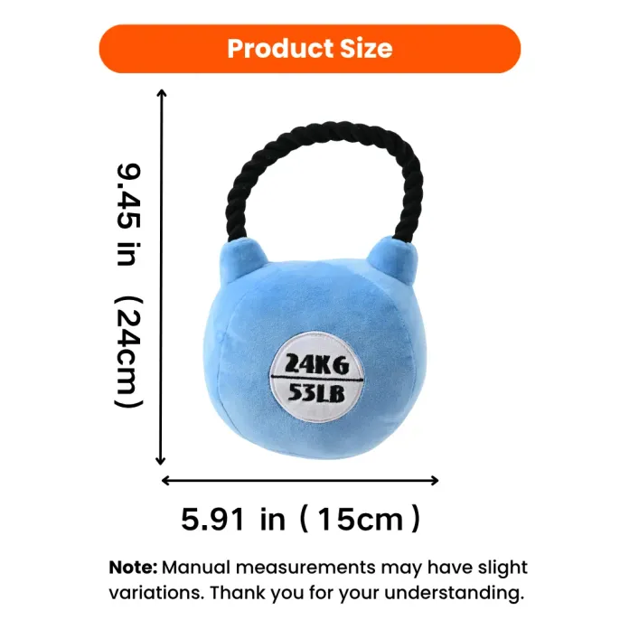Kettlebell shaped plush dog toy size measurement showing 15cm width and 24cm height