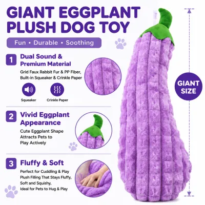 Giant Eggplant Plush Dog Toy Features Giant eggplant plush dog toy with squeaker crinkle paper and soft PP fiber
