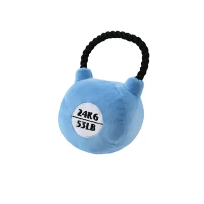 Soft Kettlebell Dog Toy for Chewing and Tugging Blue soft kettlebell shaped dog toy with black rope handle and squeaker inside