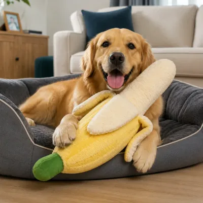 Golden Retriever playing with giant banana plush dog toy on a pet bed