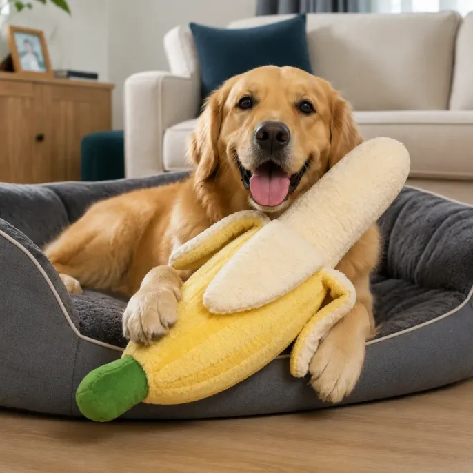 giant-banana-plush-dog-toy-golden-retriever-play.jpg Golden Retriever playing with giant banana plush dog toy on a pet bed