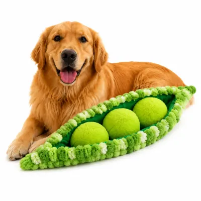 Giant Pea Pod Plush Dog Toy for Interactive Play Golden Retriever Playing with Giant Pea Pod Plush Dog Toy