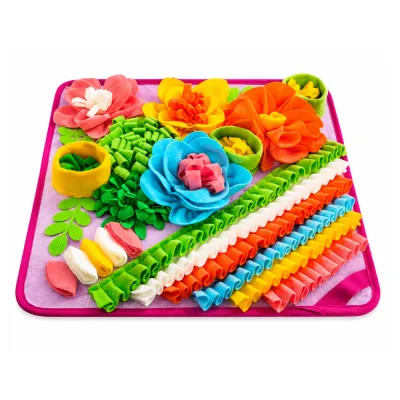 Pink Flower Dog Snuffle Mat for Enrichment Play Pink flower dog snuffle mat with colorful fabric strips for sniffing and food searching games