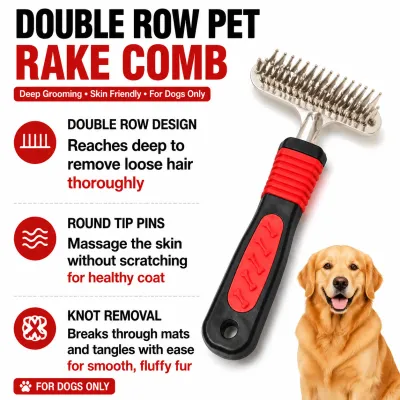 Double row pet rake comb for dogs with round tip pins for deep grooming, loose hair removal, and knot removal