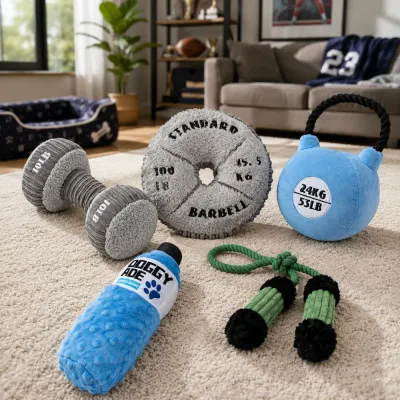 Sports Themed Plush Dog Toys Collection Sports themed plush dog toys including kettlebell, dumbbell and rope toys displayed indoors