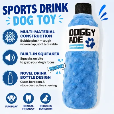 Squeaky Sports Drink Dog Toy with Multi Material Construction Squeaky sports drink dog toy made with plush fabric and durable woven bottle cap