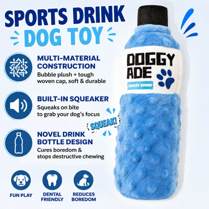 Squeaky sports drink dog toy made with plush fabric and durable woven bottle cap