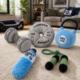 Sports themed plush dog toys including kettlebell, dumbbell and rope toys displayed indoors