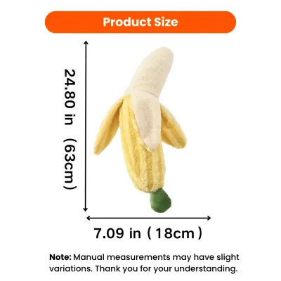 Giant banana plush dog toy size 63cm by 18cm measurement guide