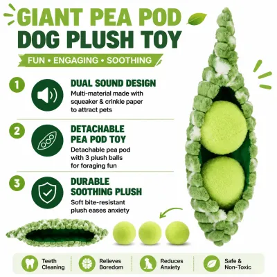 Interactive Giant Pea Pod Plush Dog Toy Features Giant pea pod plush dog toy with squeaker crinkle paper and removable balls