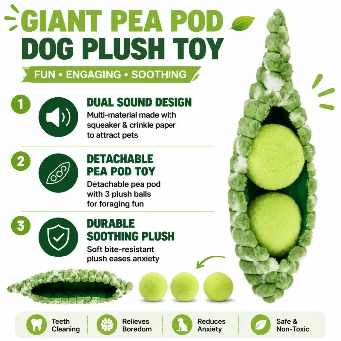 Interactive Giant Pea Pod Plush Dog Toy Features Giant pea pod plush dog toy with squeaker crinkle paper and removable balls