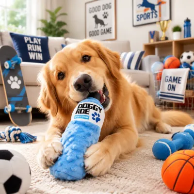 Golden Retriever Playing with Sports Drink Plush Dog Toy Golden retriever playing with blue sports drink plush dog toy at home