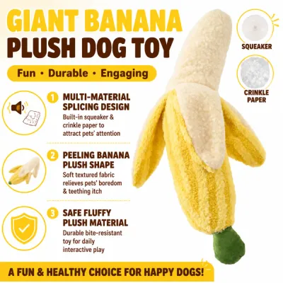 Giant banana plush dog toy with squeaker crinkle paper and durable plush material
