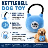 Kettlebell dog toy with plush material, rope handle and built-in squeaker features