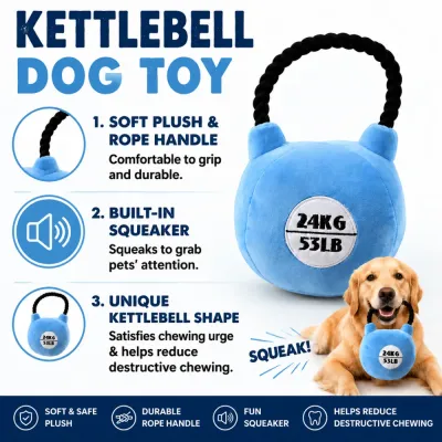 Squeaky Kettlebell Dog Toy Features Kettlebell dog toy with plush material, rope handle and built-in squeaker features