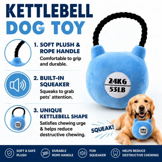 Kettlebell dog toy with plush material, rope handle and built-in squeaker features