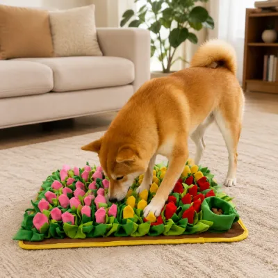 Dog using colorful snuffle mat indoors for nose work training and slow feeding enrichment