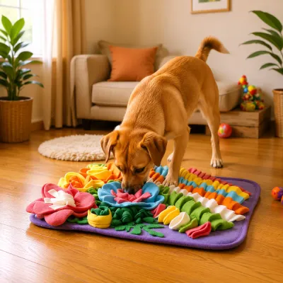 Dog Using Snuffle Mat for Nose Work Training Dog using colorful snuffle mat indoors for sniffing, foraging and mental enrichment training