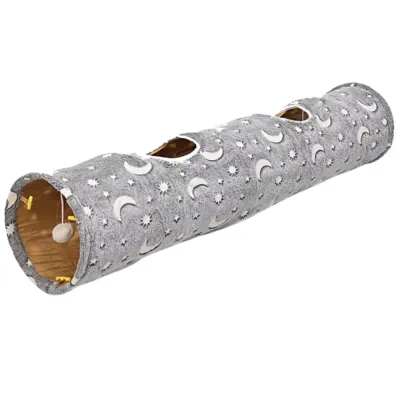 Grey Glow in the Dark Cat Tunnel Toy with Hanging Ball Grey glow in the dark cat tunnel toy with moon star pattern and hanging ball