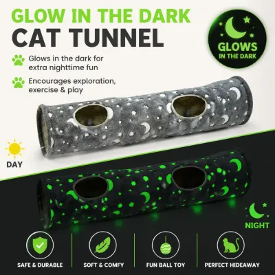 Glow in the Dark Cat Tunnel Interactive Toy for Night Play Glow in the dark cat tunnel with bright moon and star pattern for nighttime cat play