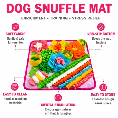 Interactive Dog Snuffle Mat Features Dog snuffle mat features including soft fabric, non slip bottom, easy cleaning and mental stimulation